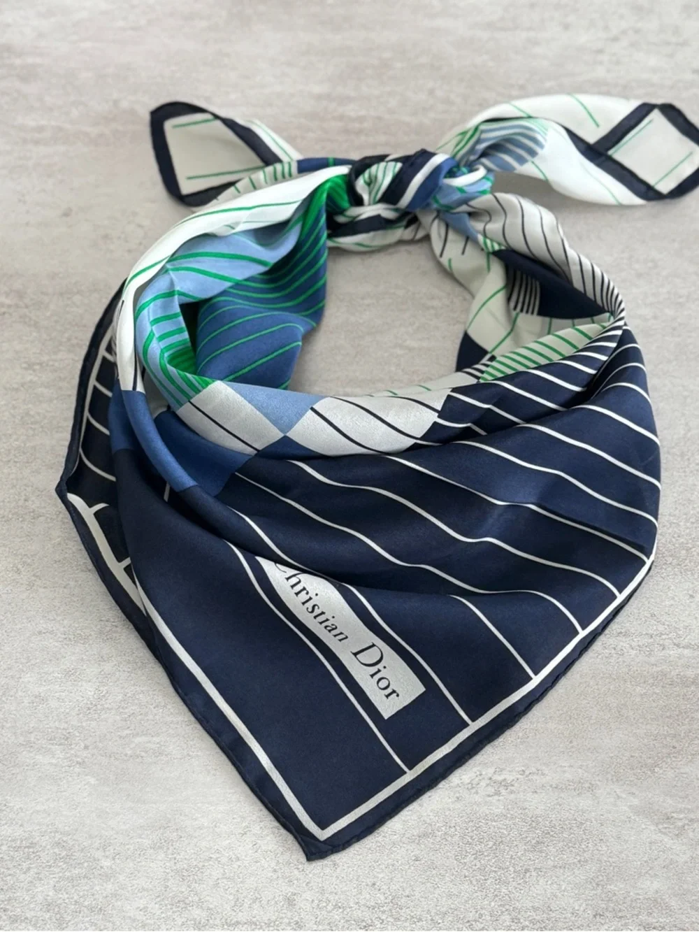 Dior Navy Blue, Light Blue & Green Striped Silk Scarf - Picture 7 of 8